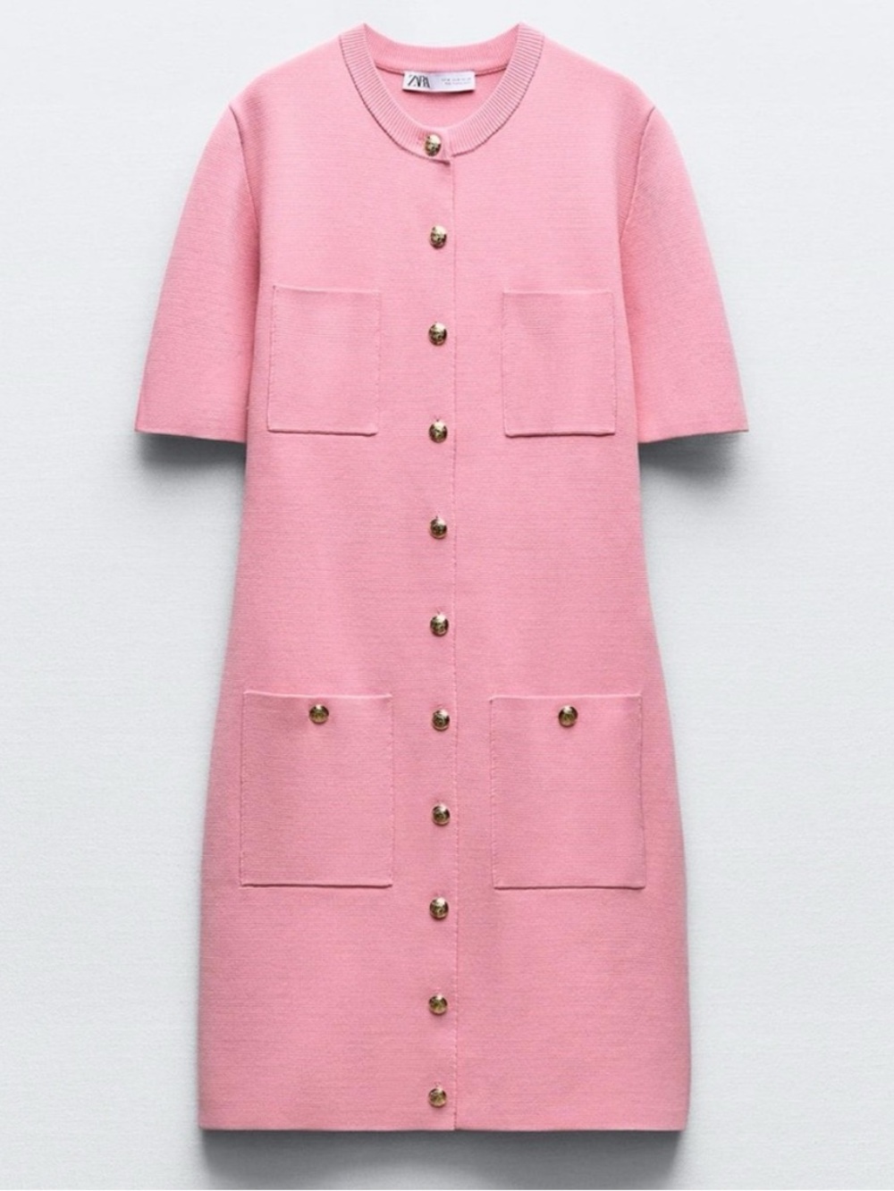 Zara Pink Short-Sleeve Button-Front Pocket Mini Dress